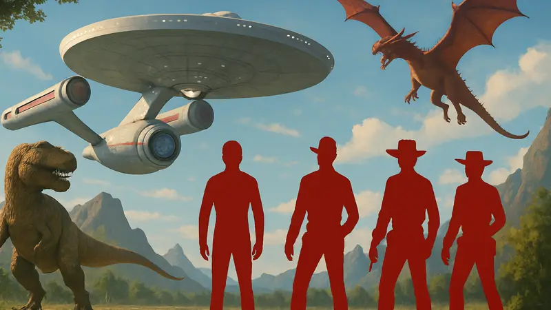 Сцена из трейлера Star Trek: Strange New Worlds с динозаврами, ковбоями и драконом на фоне космического корабля.