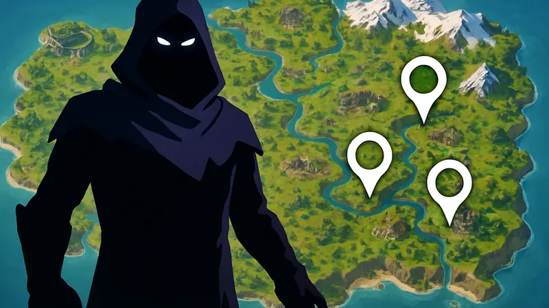 Изображение босса Тёмный Странник из Fortnite на фоне карты с отмеченными локациями
