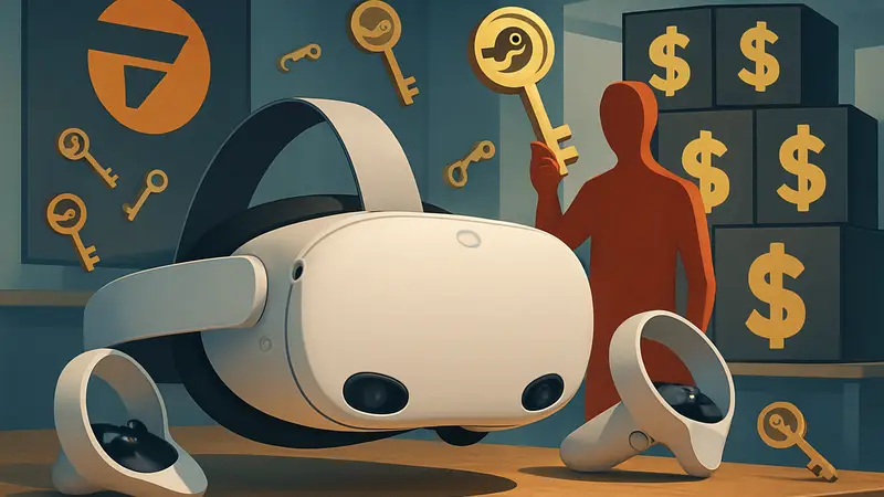 VR-гарнитура Meta Quest 3, стилизованная под акцию Fanatical с дешевыми Steam-ключами