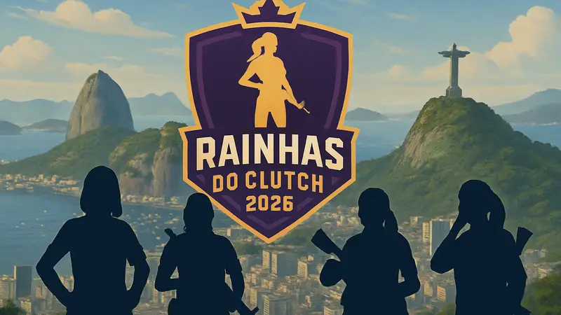 Логотип турнира Rainhas do Clutch 2026 и команды женского CS на фоне Бразилии