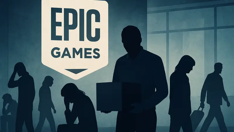 Логотип Epic Games на фоне силуэтов сотрудников, символизирующих увольнения.