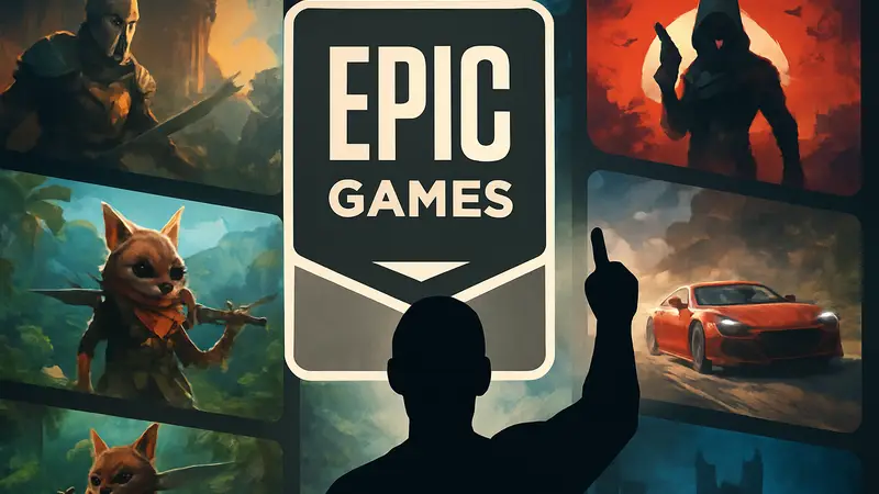 Логотип Epic Games Store на фоне скриншотов бесплатных игр, призывающий забрать подарок.
