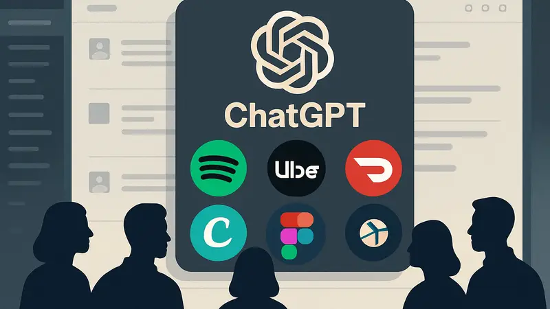 Логотипы ChatGPT и интегрированных приложений (Spotify, Uber, DoorDash, Canva, Figma, Expedia) на фоне интерфейса чат-бота.