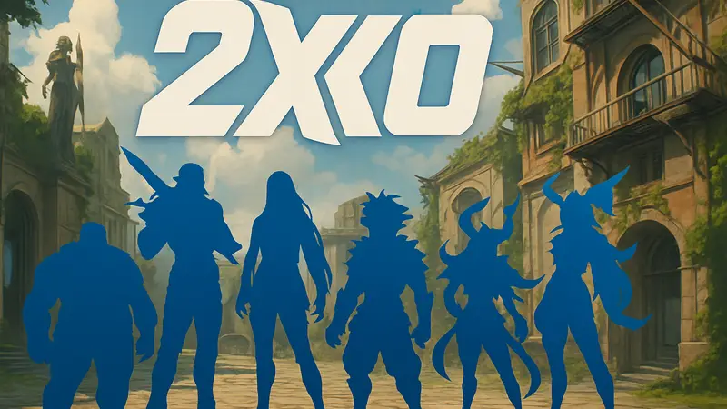 Логотип 2XKO с изображением новых силуэтов персонажей, намекающих на будущих бойцов.
