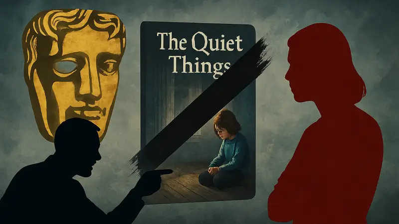 Логотип BAFTA и обложка игры The Quiet Things на фоне, символизирующем конфликт и цензуру.