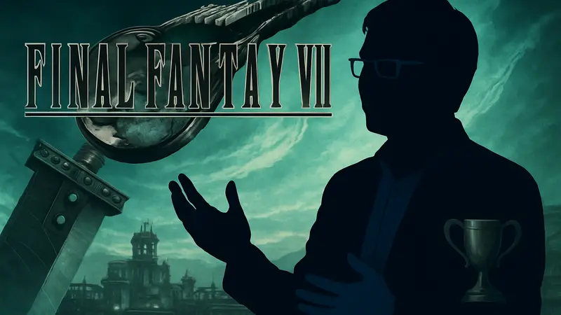Наоки Хамагучи, директор Final Fantasy 7 Rebirth, на фоне логотипа игры, обсуждает систему трофеев.