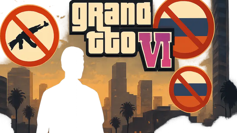 Логотип игры GTA VI с предупреждающими знаками, символизирующими запрет в России