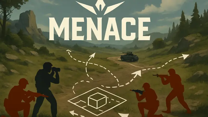 Логотип игры Menace и элементы тактического боя, символизирующие дорожную карту развития.