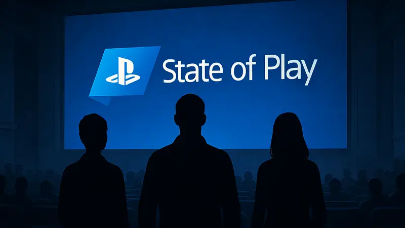 Логотип State of Play на тёмном фоне, символизирующий будущие анонсы Sony PlayStation.