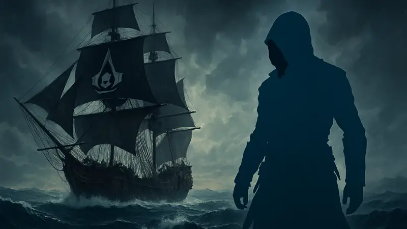 Корабль пиратов Assassin's Creed Black Flag на фоне штормового моря