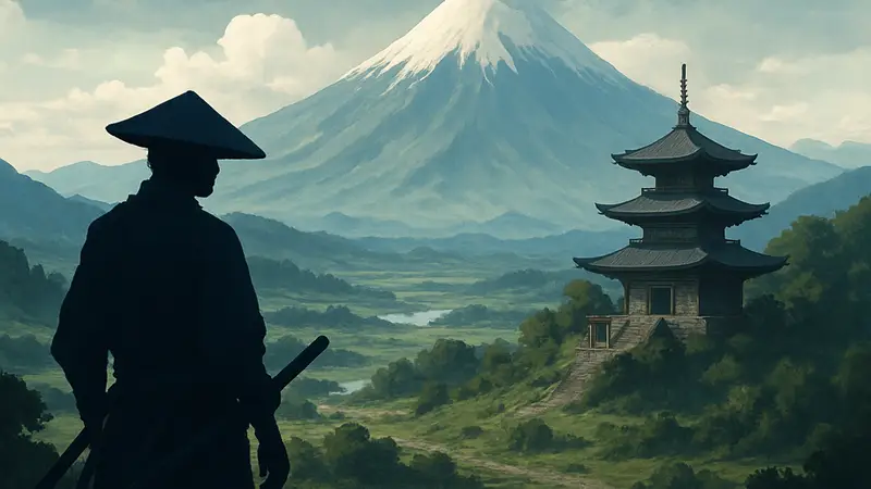 Ghost of Yotei: пейзаж с храмом и горами, демонстрирующий масштаб открытого мира