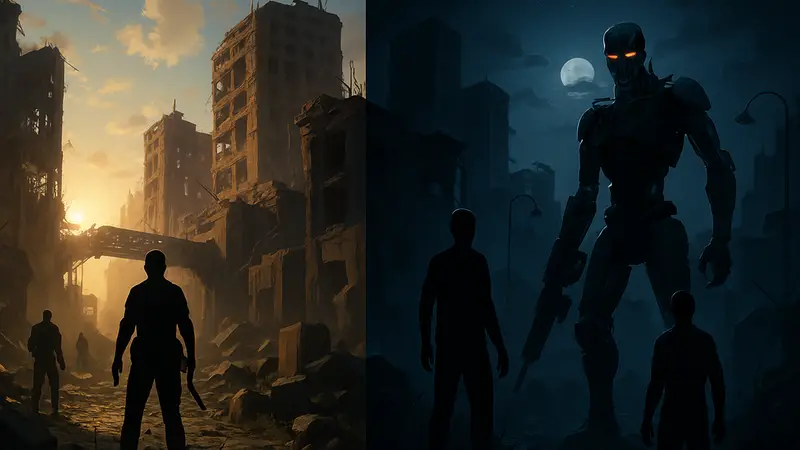 Разрушенные постапокалиптические локации из игры Terminator: Survivors с демонстрацией смены дня и ночи.