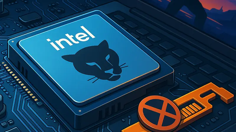 Чип Intel Panther Lake на материнской плате ноутбука, символизирующий ограничения PCIe.