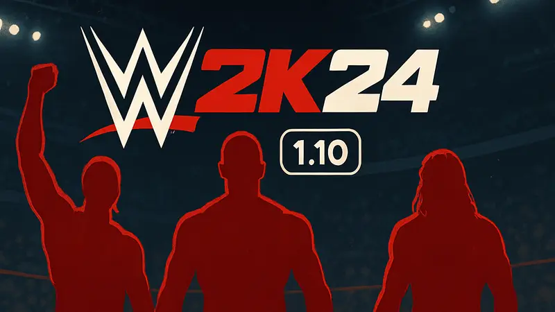 Логотип WWE 2K24 на чёрном фоне с номером версии обновления 1.10