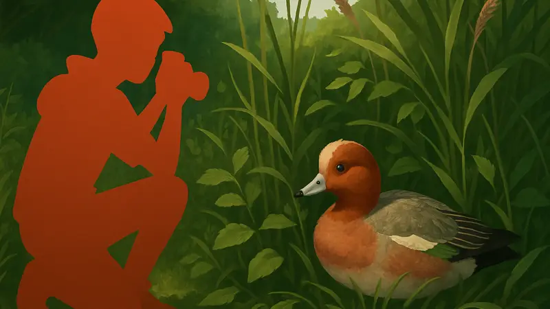 Изображение евразийской свиязи в игре Heartopia, прячущейся в зарослях.