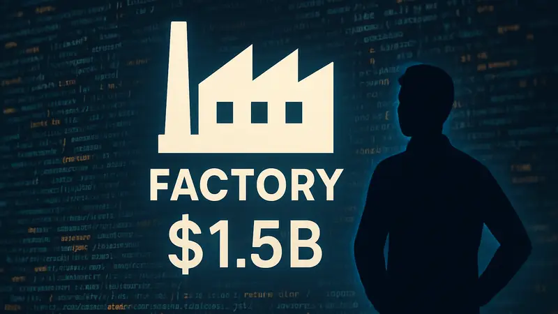 Изображение логотипа Factory на фоне кода, символизирующего ИИ-кодирование и инвестиции в $1.5 млрд.