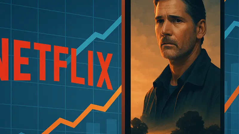 Логотип Netflix и постер мини-сериала 'Untamed' с Эриком Бана на фоне графиков роста популярности.
