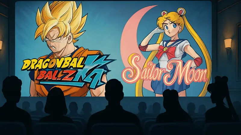 Логотипы Dragon Ball Z Kai и Sailor Moon на фоне аниме-шоу Adult Swim.