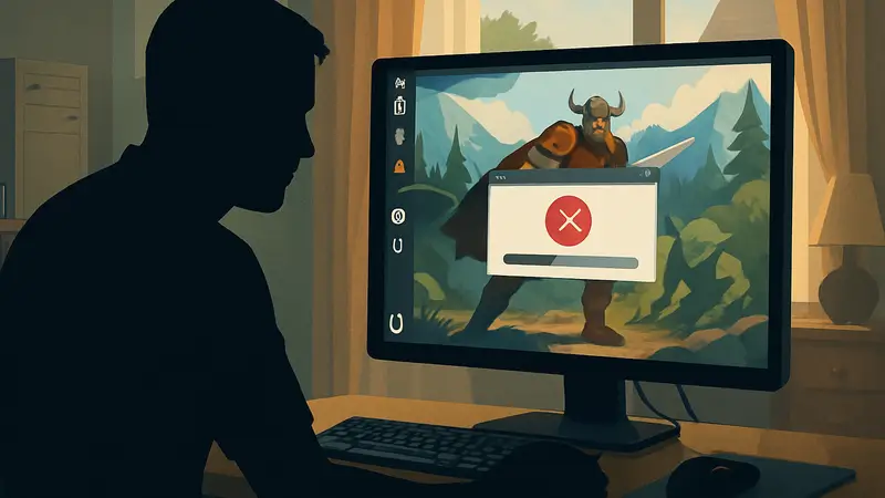 Скриншот игры, запущенной на рабочем столе Linux, с акцентом на процесс установки или ошибки.