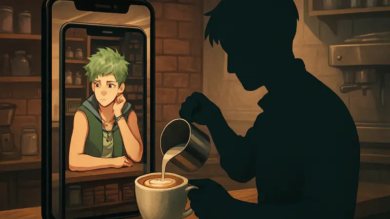 Персонаж из игры Coffee Talk готовит кофе на фоне мобильного устройства.