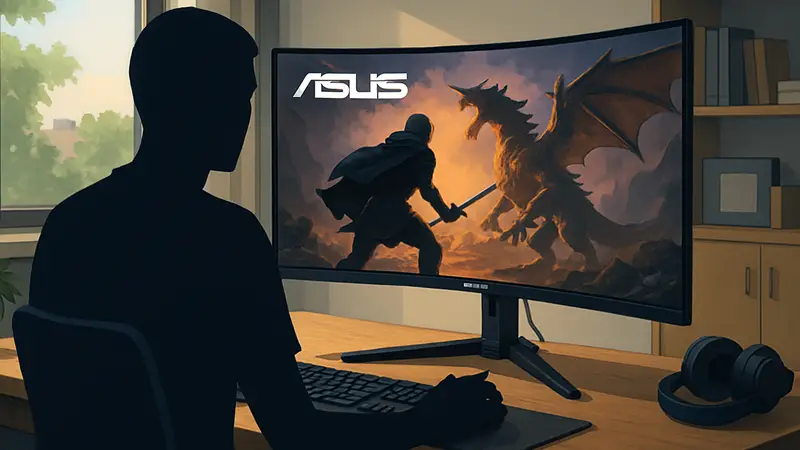 Изогнутый игровой монитор ASUS 34 дюйма с частотой 165 Гц на рабочем столе.