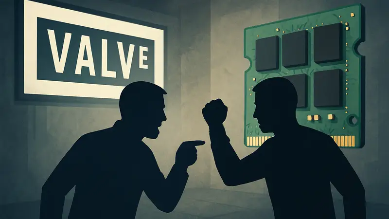 Логотип Valve и микросхема оперативной памяти, символизирующие конфликт цен