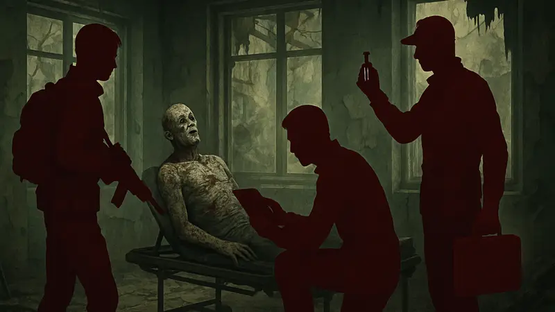 Концепт-арт с персонажами Resident Evil, собирающими или изучающими зомби для лечения.