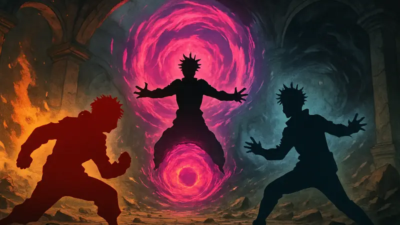 Персонажи из Jujutsu Kaisen, использующие мощные расширения территории в эпичной битве.