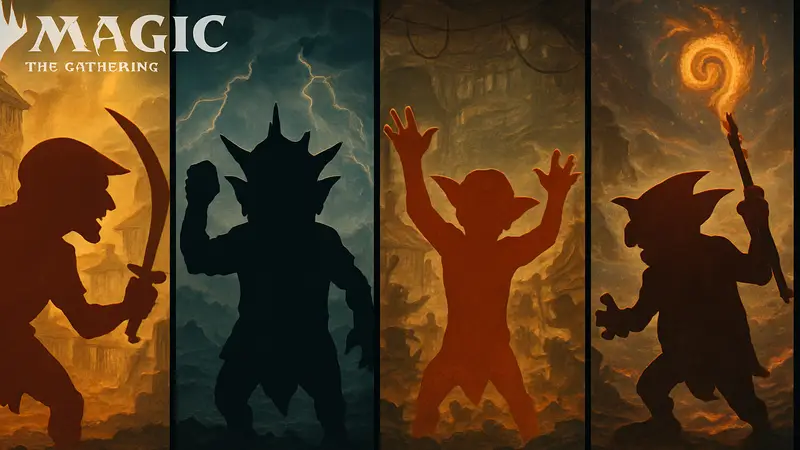 Арты карт из колоды Magic: The Gathering Secret Lair Goblin Storm, демонстрирующие гоблинов.