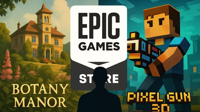 Логотип Epic Games Store с изображениями бесплатных игр "Botany Manor" и "Pixel Gun 3D DLC" на фоне.