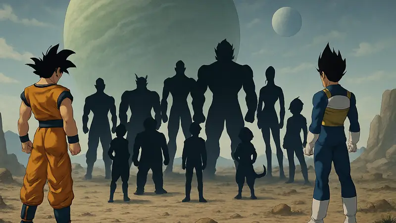 Герои Dragon Ball Super: Гоку и Вегета, с силуэтами 8 новых персонажей саги Galactic Patrol Prisoner.