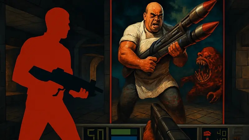 Обложка игры PO'ed Remaster на фоне интерфейса старого шутера