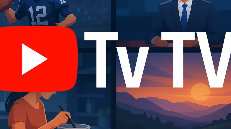 Логотип YouTube TV на фоне интерфейса с функцией Multiview, демонстрирующий несколько экранов или каналов одновременно.
