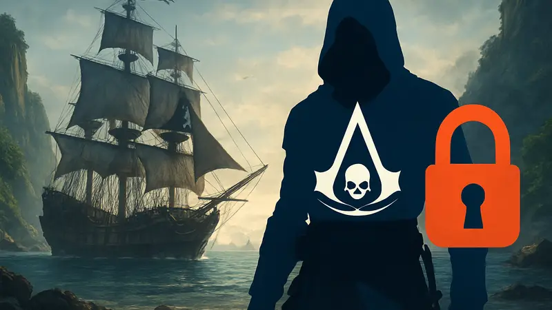 Логотип Assassin's Creed Black Flag Resynced, пиратский корабль, Denuvo DRM.