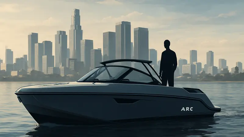 Футуристичная электрическая лодка Arc на воде, на фоне города