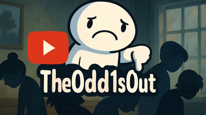 Логотип YouTube-канала TheOdd1sOut на фоне грустных анимационных персонажей.