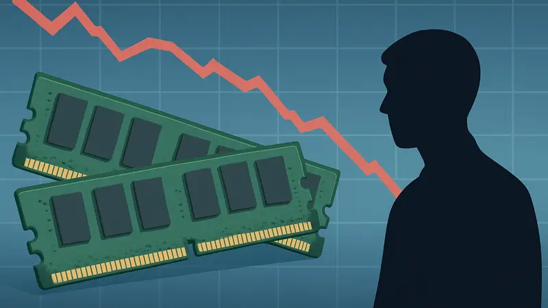 Изображение модулей оперативной памяти (RAM) на фоне графика цен, показывающего снижение