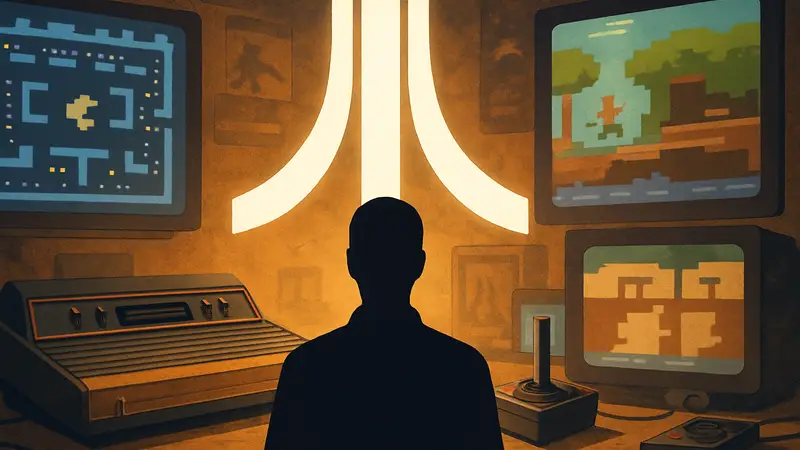 Логотип Atari на фоне ретро-консолей и скриншотов классических игр, символизирующих возрождение бренда.