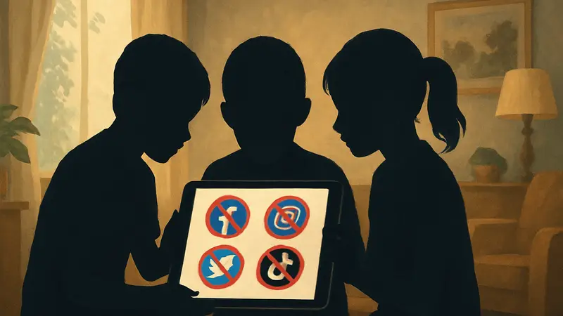 Дети используют планшет, на экране которого иконки социальных сетей, символизирующие запрет.