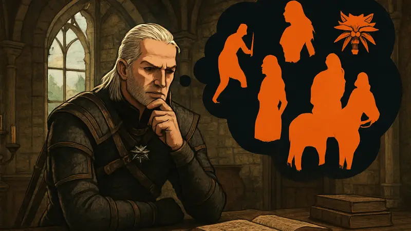 Геральт из Ривии из игры The Witcher 3, размышляющий о событиях и лоре.