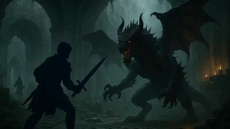 Скриншот из DLC Dark Arisen для Dragon's Dogma 2 с мрачными локациями и монстрами.