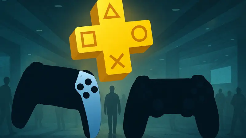 Логотип PlayStation Plus и геймпады DualSense для PS5 и DualShock 4 для PS4