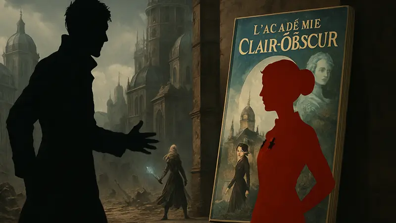 Игровой концепт-арт Clair Obscur: Expedition 33 рядом с обложкой комикса "L'Académie Clair-Obscur", иллюстрирующий конфликт.