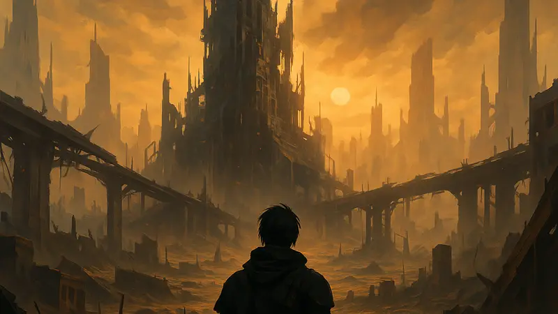 Постер фильма Worldbreaker с изображением футуристического антиутопического пейзажа, скрывающего опасность.