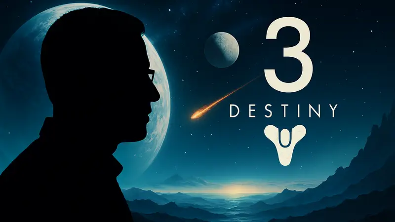 Игровой журналист Джейсон Шрейер и логотип Destiny 3 на фоне космического пейзажа