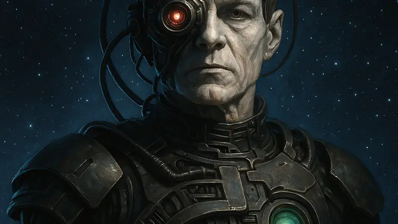 Персонаж Борг из эпизода «Я, Борг» сериала Star Trek: The Next Generation, на фоне звезд.