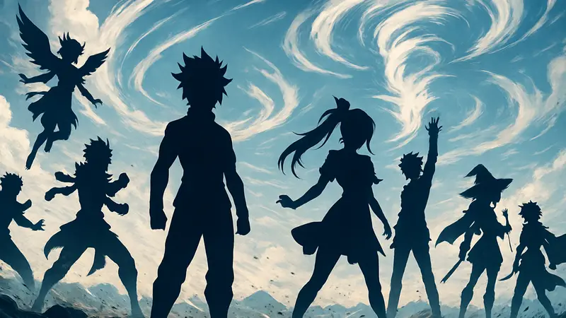 Изображение различных аниме-персонажей, использующих магию или способности ветра, в эпической позе.
