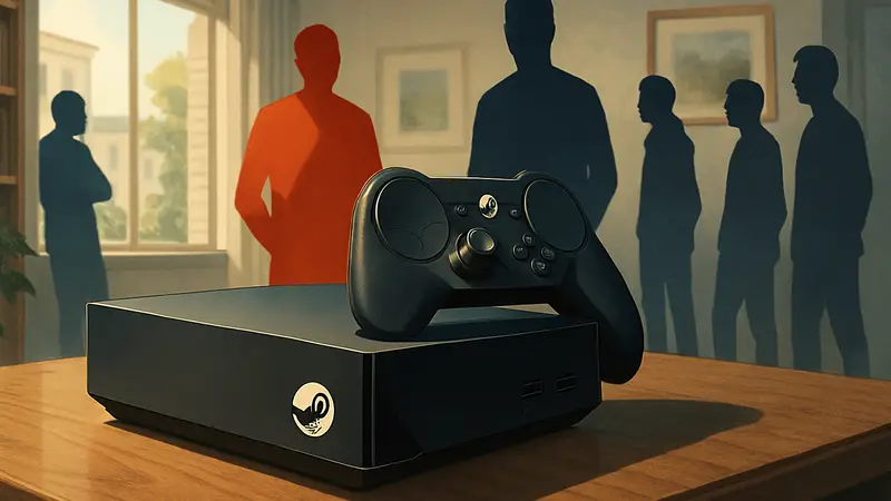 Игровая консоль Steam Machine, лежащая на столе, символ начала поставок.