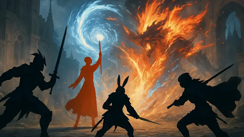 Изображение боевого сражения в Final Fantasy 14 с магическими эффектами и персонажами.