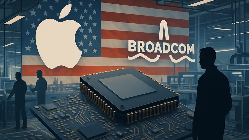 Логотипы Apple и Broadcom, изображение микросхемы, производство электроники в США